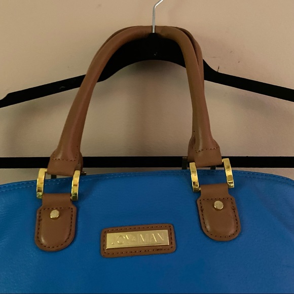 Joy Iman• large bright blue brown accent handle shoulder hand bag - Picture 4 of 8